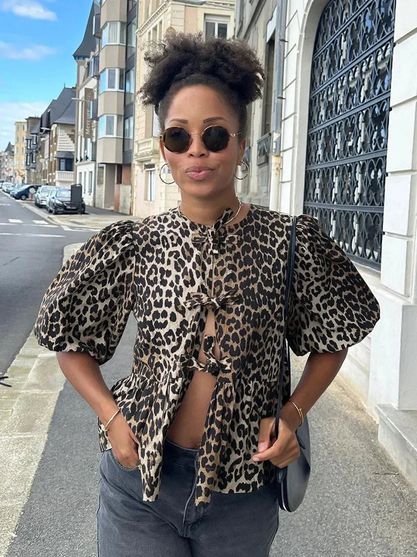 Women Leopard Print Puff Sleeve Top | Ivana