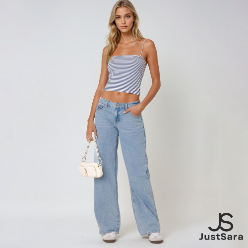 Women Striped Knit Tank Top with Relaxed Denim Jeans | Emma