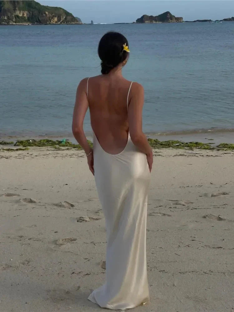 Women Backless Satin Maxi Dress | Indira