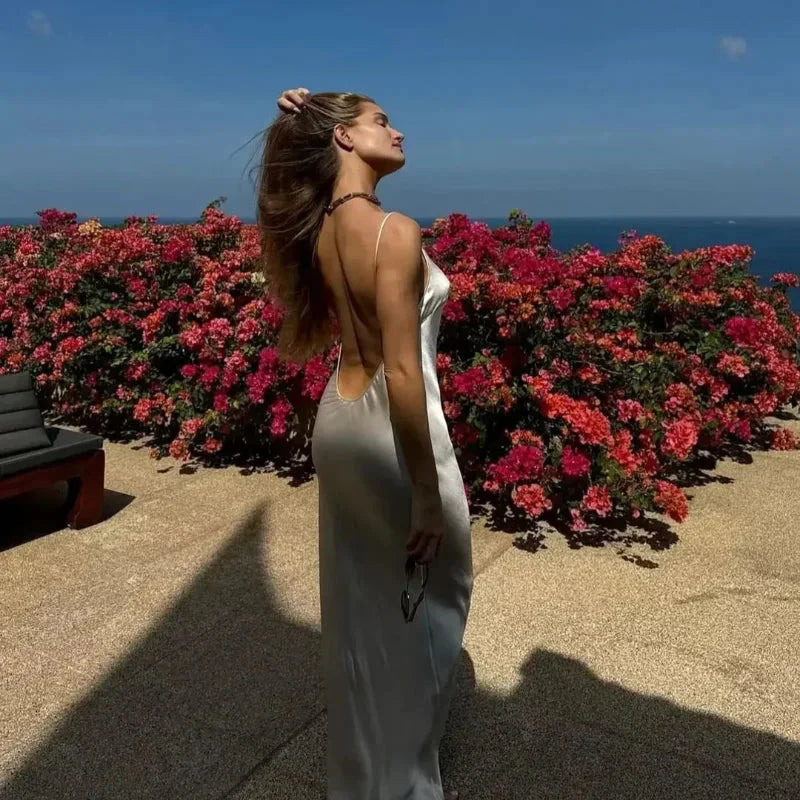 Women Backless Satin Maxi Dress | Indira