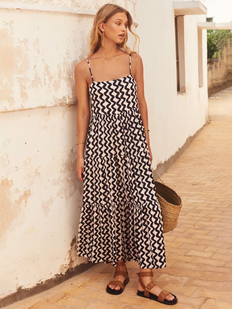 Women Midi Dress Blue Wave Print Polyester | Delainey-3