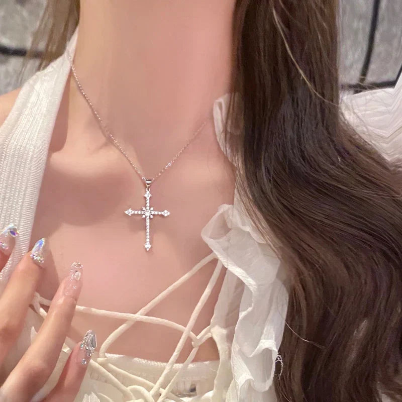 Women Cross Pendant Necklace Silver Zircon | Faith-2
