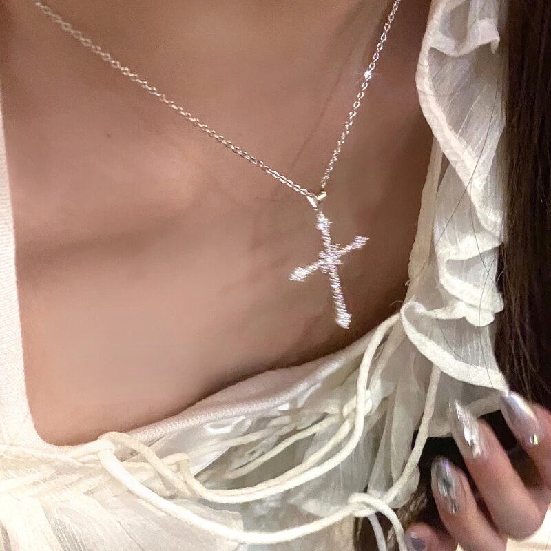 Women Cross Pendant Necklace Silver Zircon | Faith-3