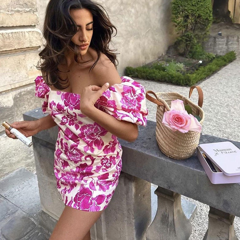 Women Floral Print Puff Short Sleeve Dress | Marion