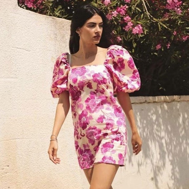 Women Floral Print Puff Short Sleeve Dress | Marion