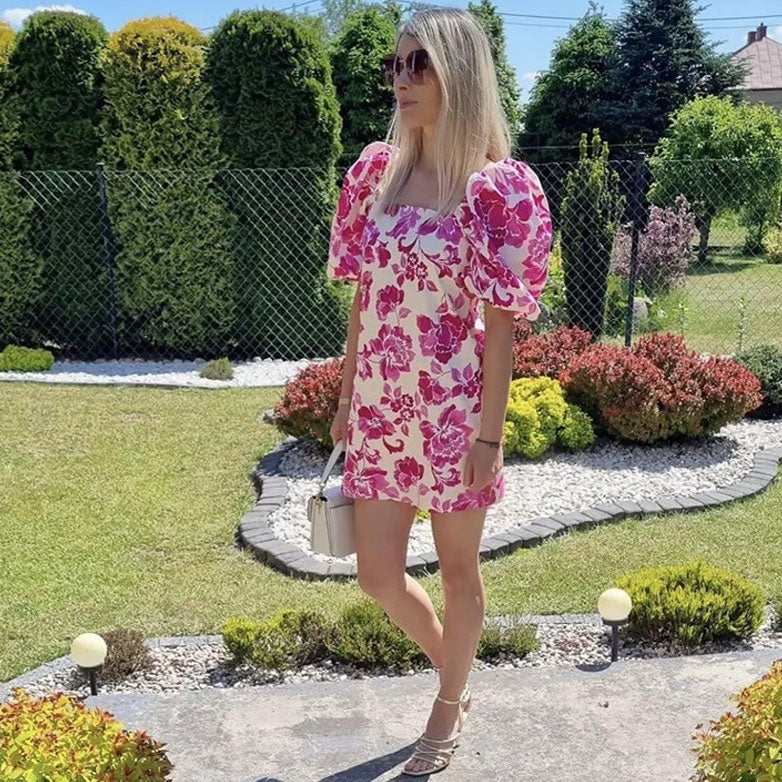 Women Floral Print Puff Short Sleeve Dress | Marion