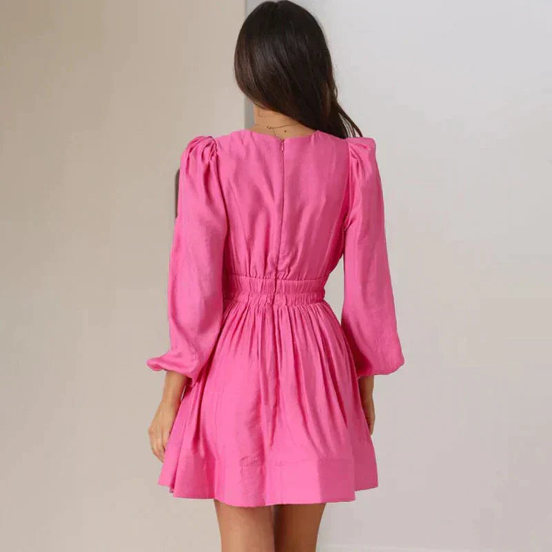 Women V-Neck Mini Dress with Shirred Waist | Claribel