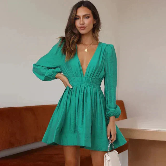 Women V-Neck Mini Dress with Shirred Waist | Claribel
