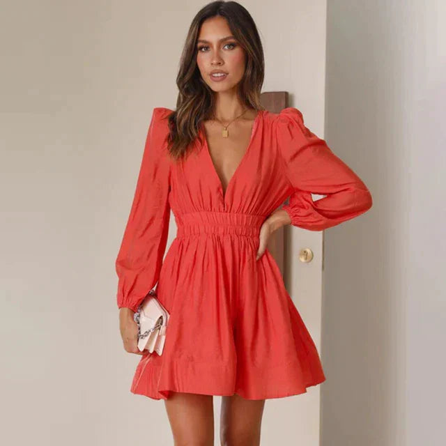 Women V-Neck Mini Dress with Shirred Waist | Claribel