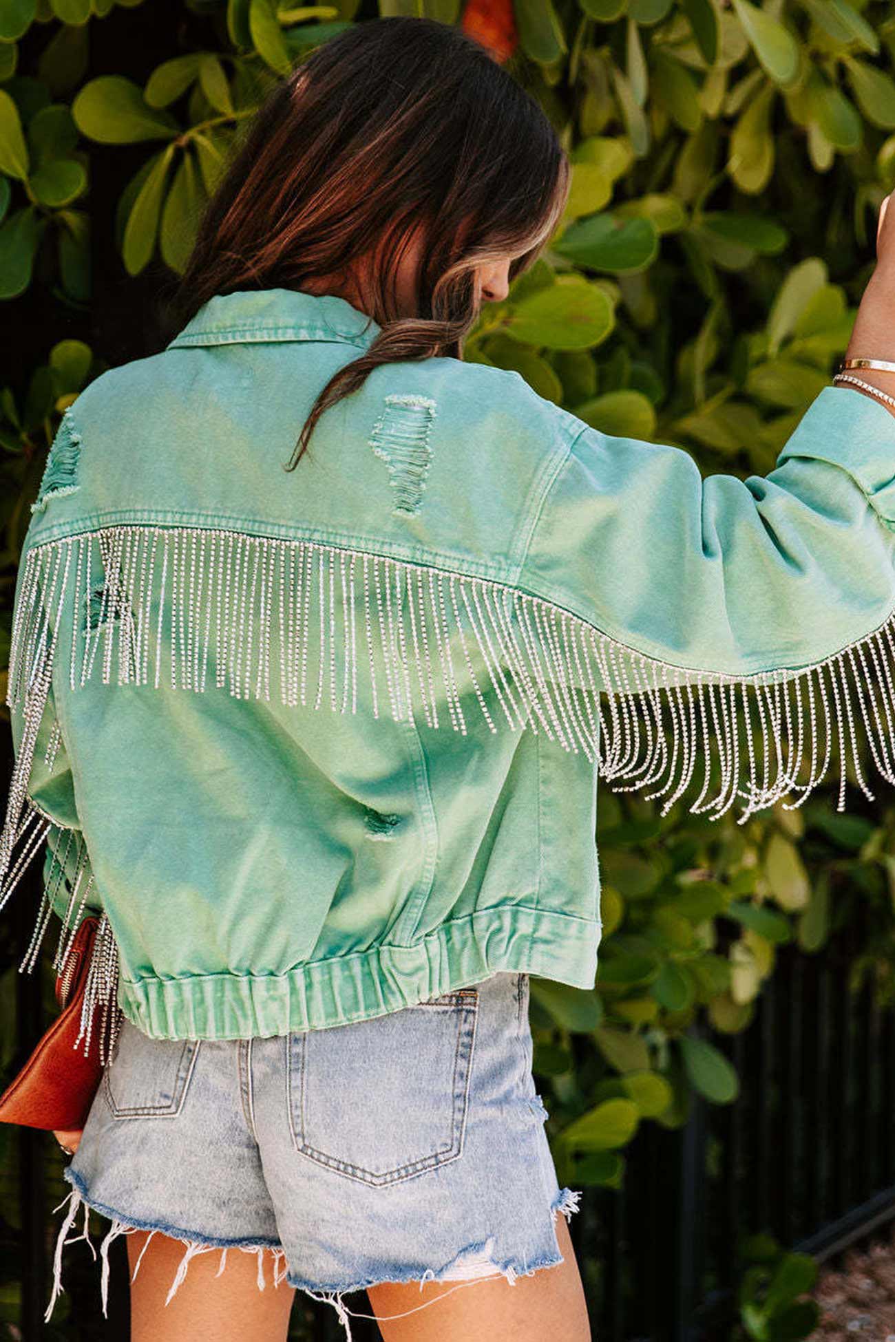 Women Pearl Fringe Cropped Denim Jacket | Chiharu