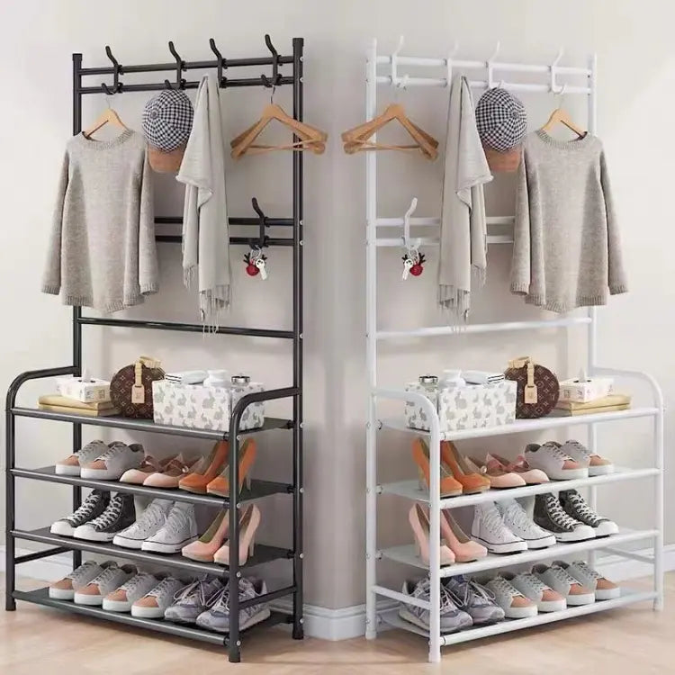 Multifunctional Shoe Rack and Coat Stand for Entryway – Modern Metal Shoe Storage Organizer in Black, Compact Design 0