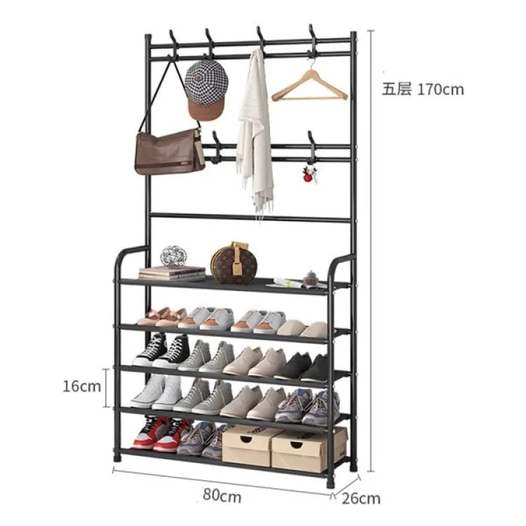 Multifunctional Shoe Rack and Coat Stand for Entryway – Modern Metal Shoe Storage Organizer in Black, Compact Design 1