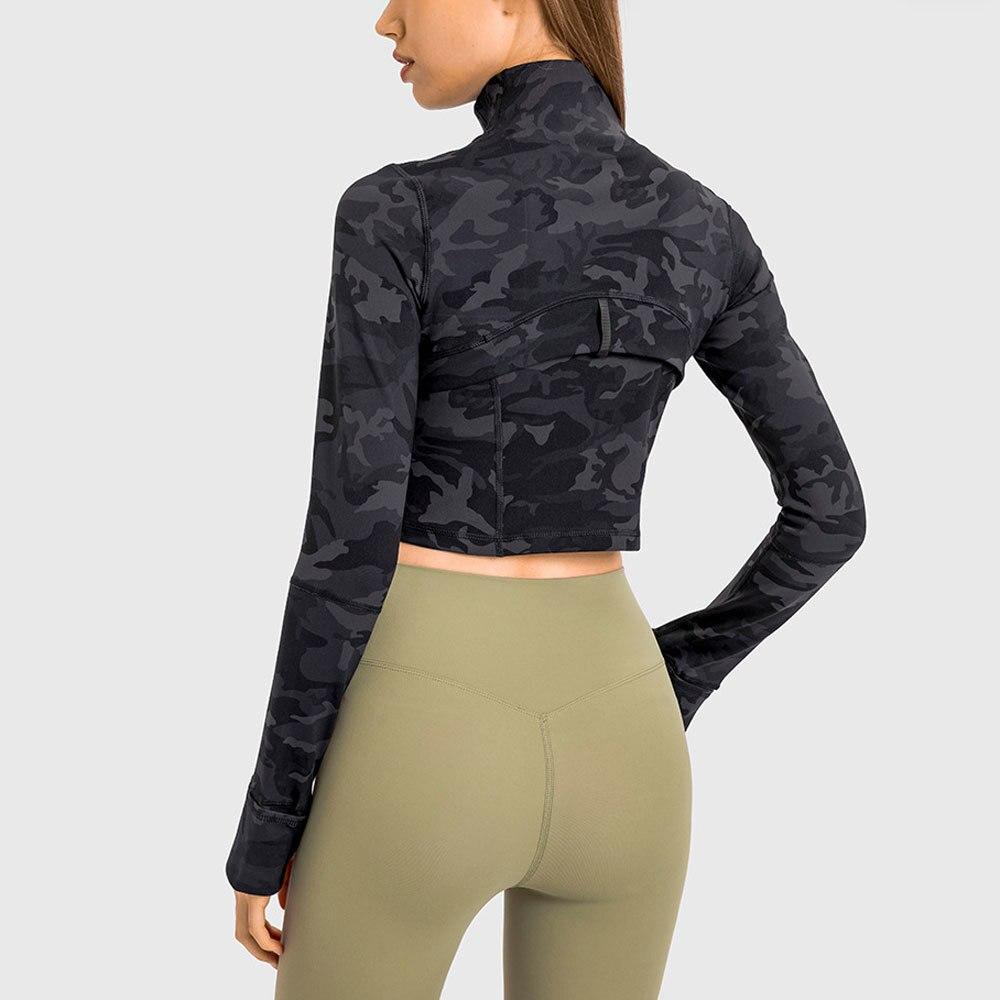 Women Long Sleeve Crop Top Black Nylon Spandex | Fitness Enthusiast-3