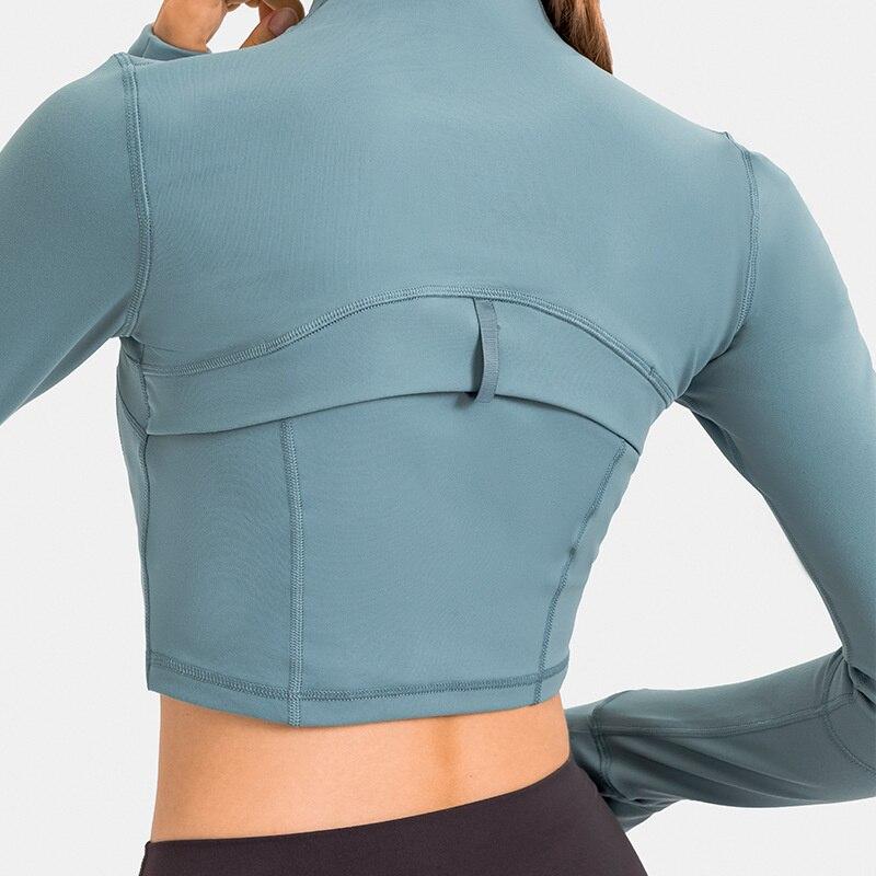 Women Long Sleeve Crop Top Black Nylon Spandex | Fitness Enthusiast-4