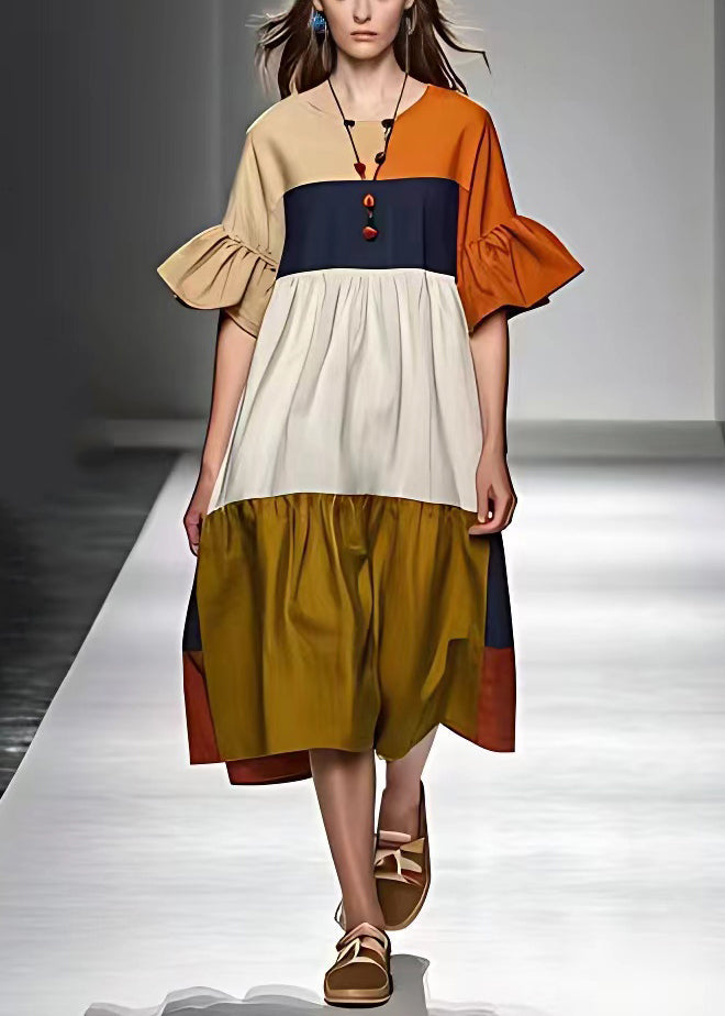 Women Colorblock Wrinkled Cotton Dress | Ada