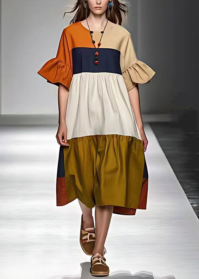 Women Colorblock Wrinkled Cotton Dress | Ada