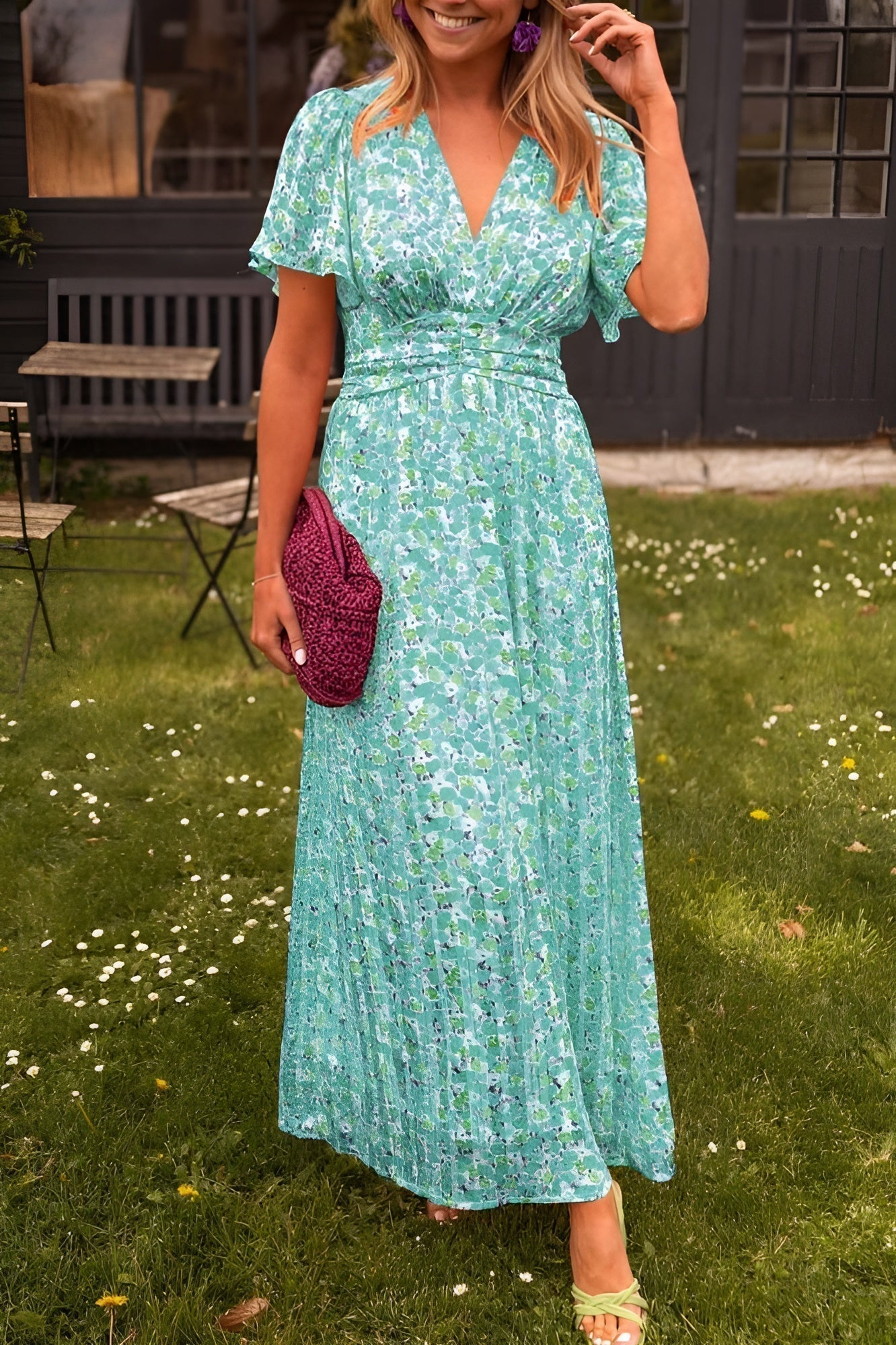 Women Pleated V-Neck Maxi Dress | Danira