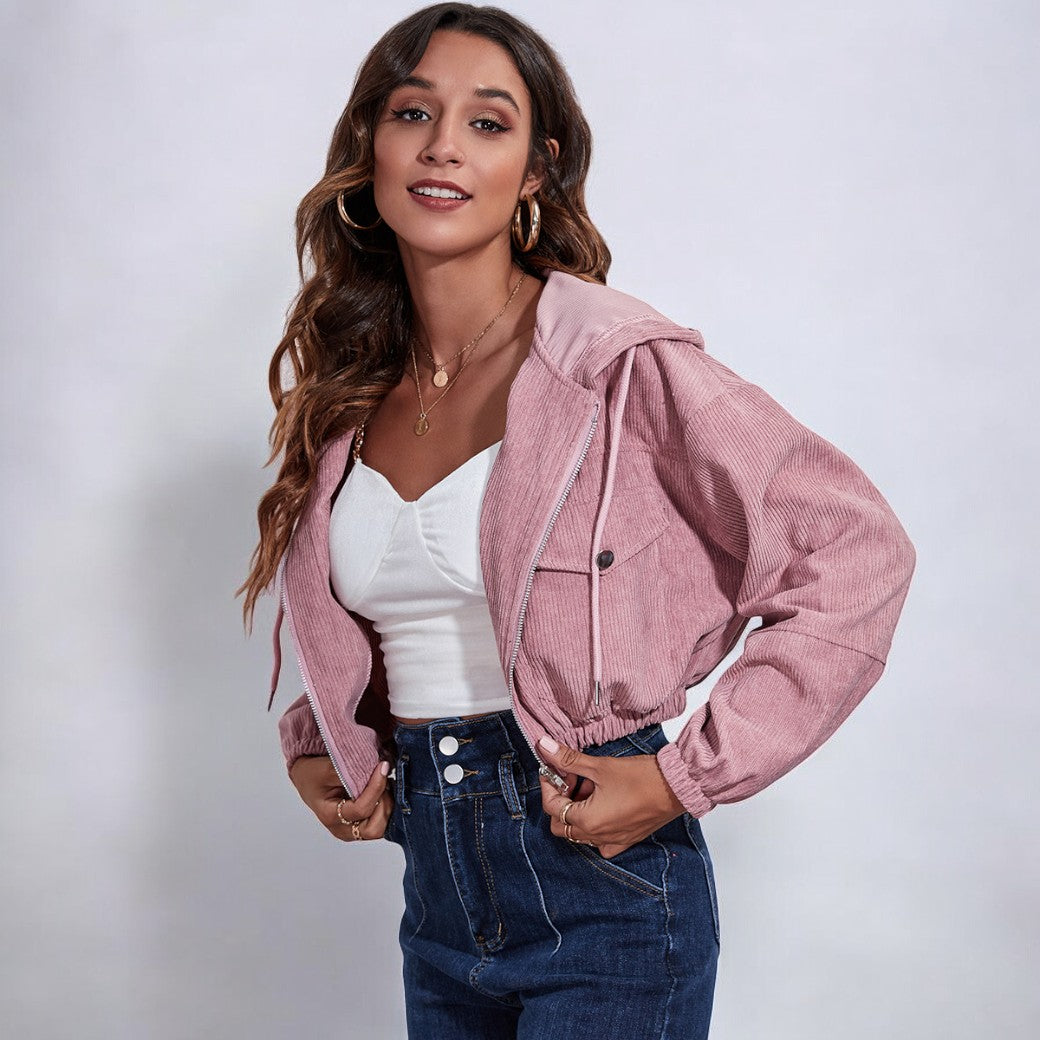 Women Corduroy Zip-Up Hooded Jacket | Asami