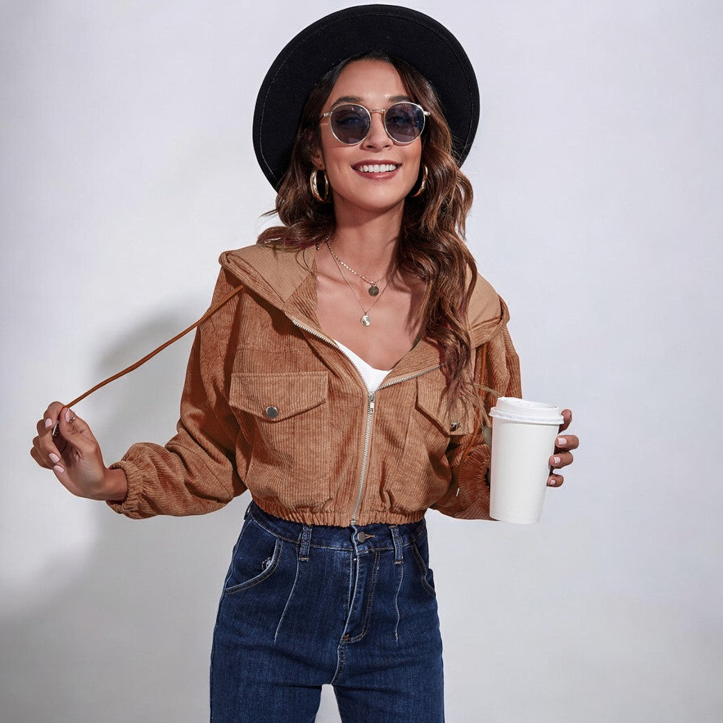 Women Corduroy Zip-Up Hooded Jacket | Asami