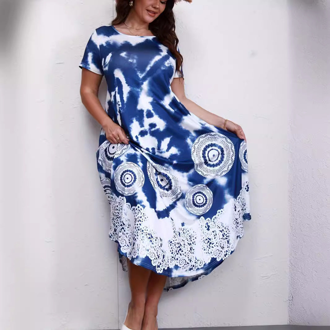 Women Boho Tie-Dye Lace Hem Maxi Dress | Malina