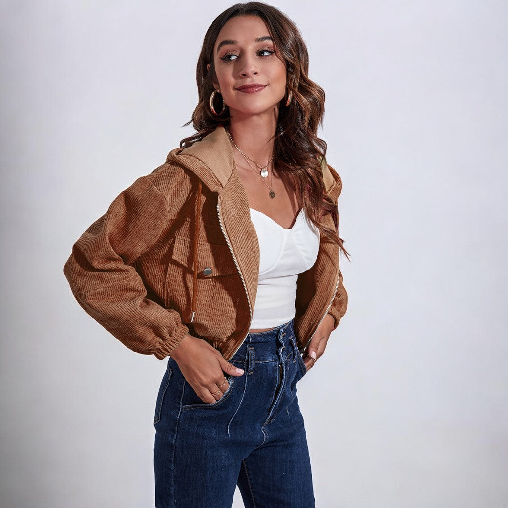 Women Corduroy Zip-Up Hooded Jacket | Asami