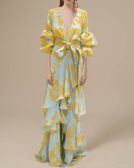 Women Floral Ruffle Maxi Dress with Puff Sleeves and Tie-Waist | Carol