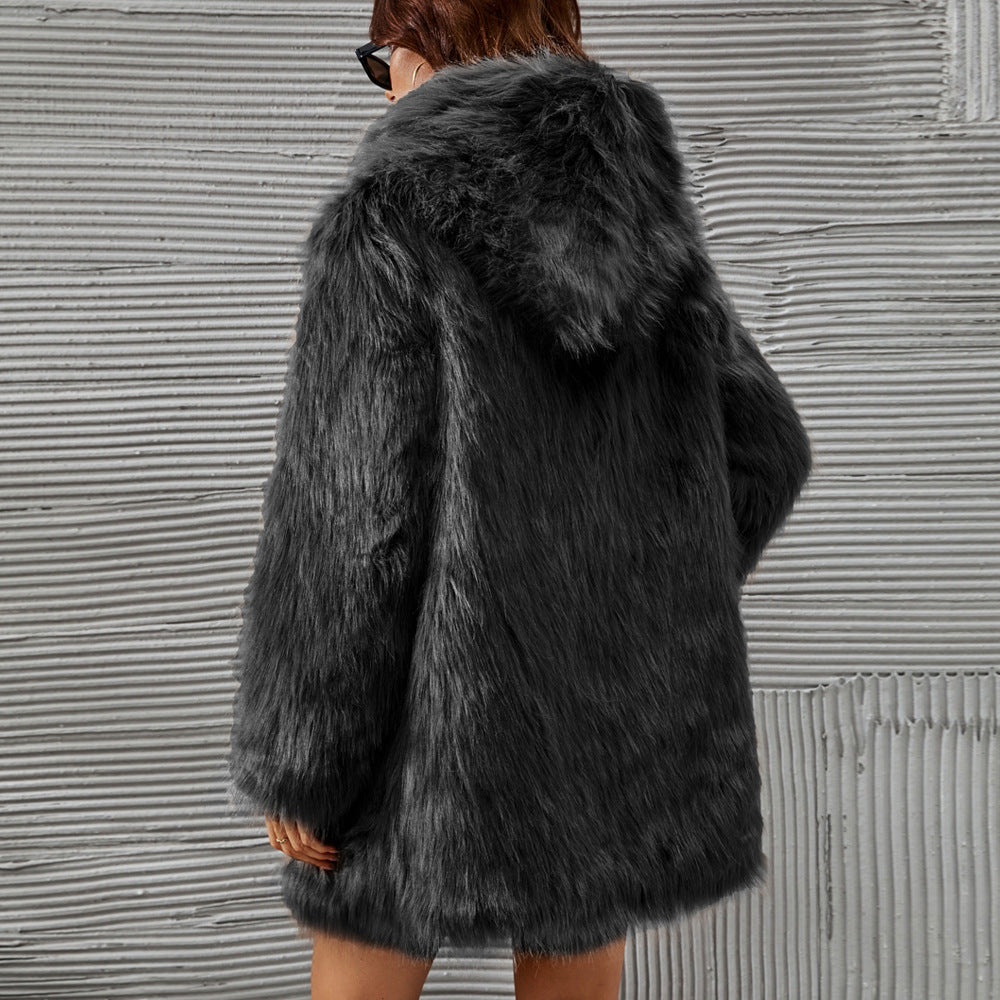 Women Hooded Jacket Black Faux Fur | Glamour-4