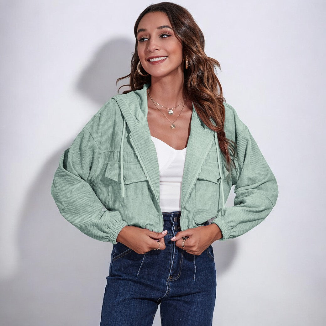 Women Corduroy Zip-Up Hooded Jacket | Asami