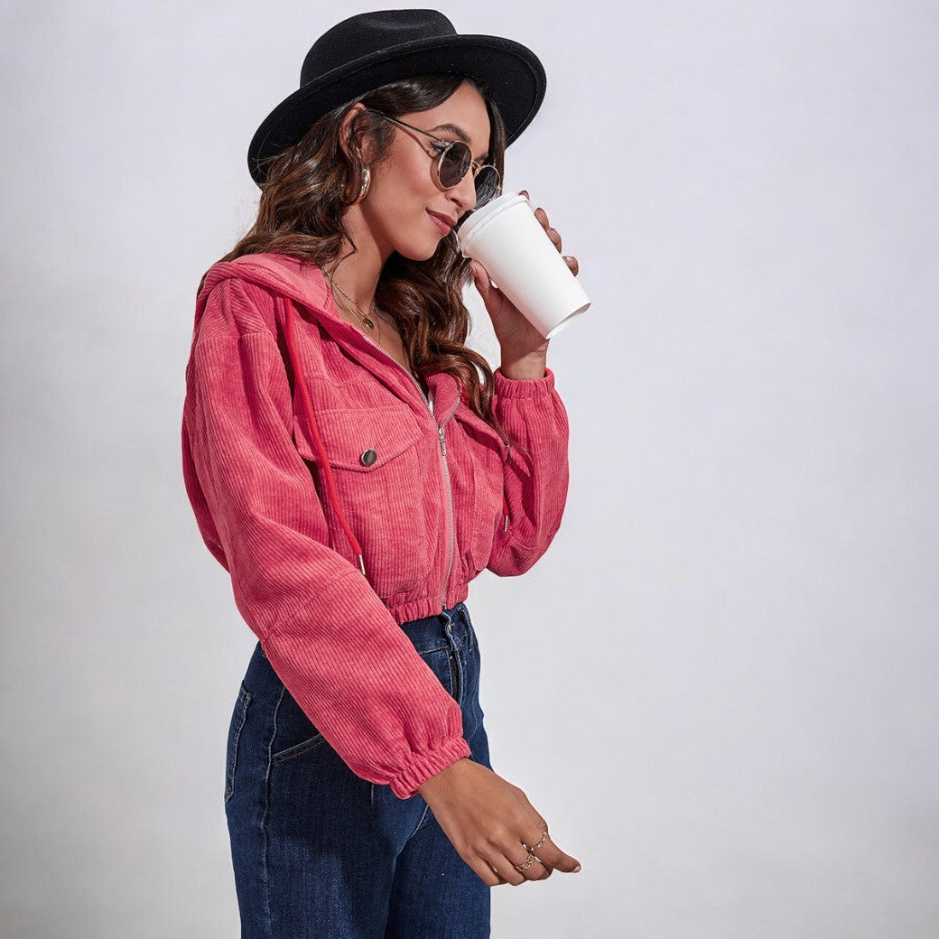 Women Corduroy Zip-Up Hooded Jacket | Asami