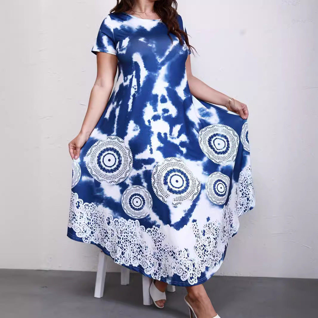 Women Boho Tie-Dye Lace Hem Maxi Dress | Malina