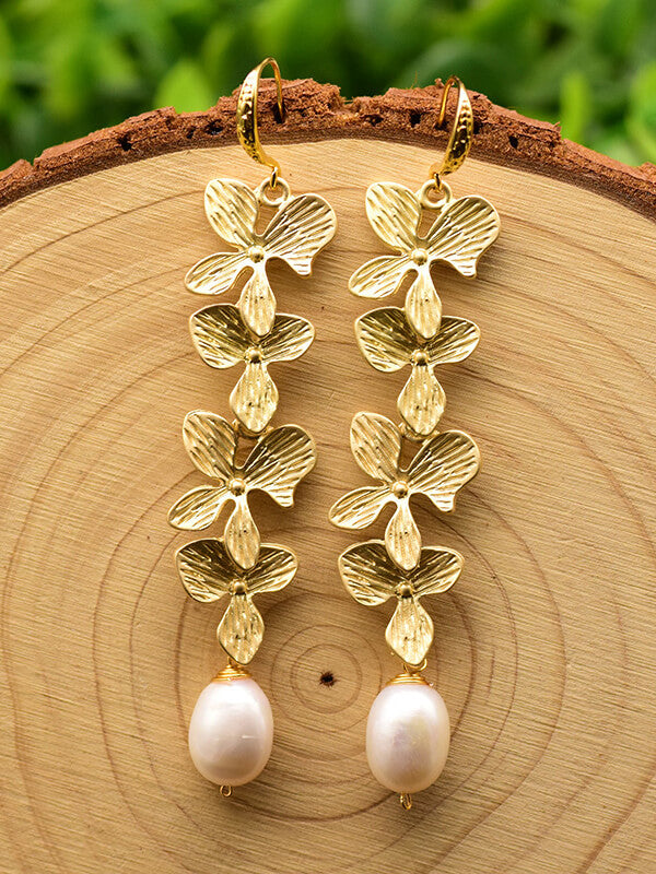 Women Earrings Pearl Botanical Carved | SunflowerHalo-5