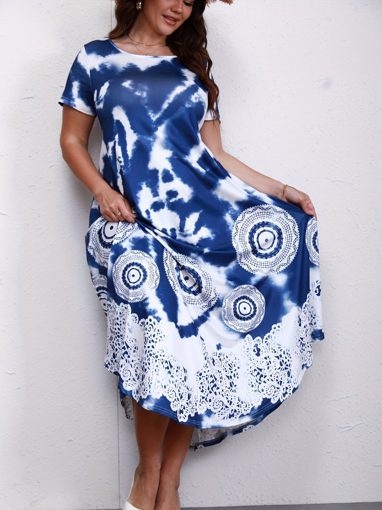Women Boho Tie-Dye Lace Hem Maxi Dress | Malina