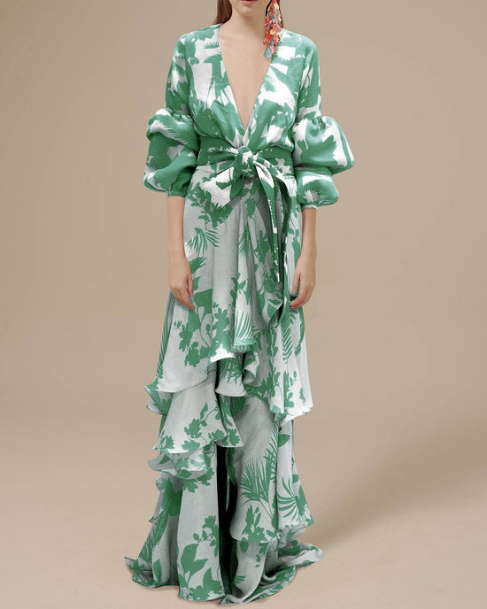 Women Floral Ruffle Maxi Dress with Puff Sleeves and Tie-Waist | Carol