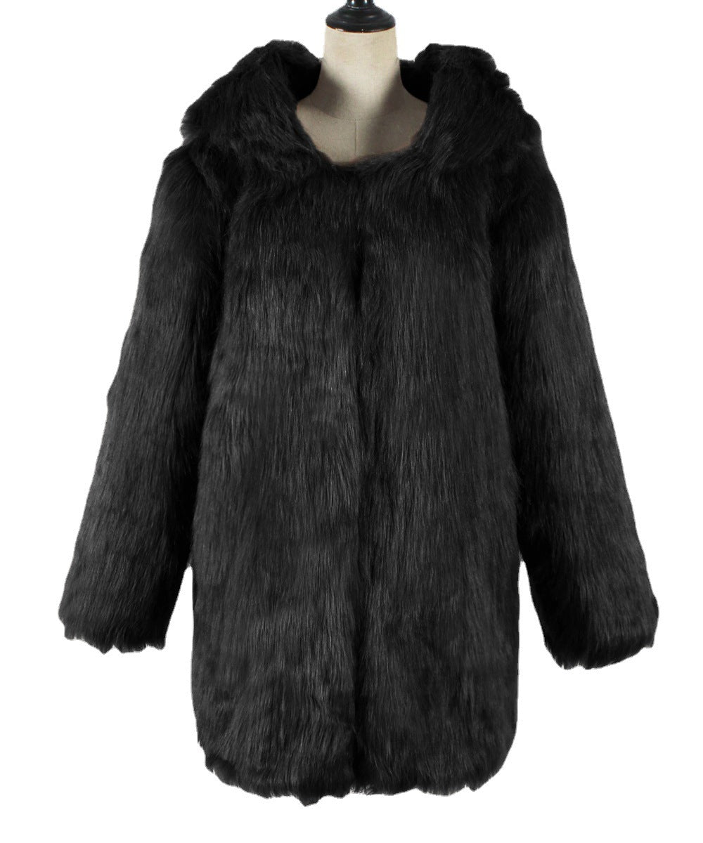 Women Hooded Jacket Black Faux Fur | Glamour-5