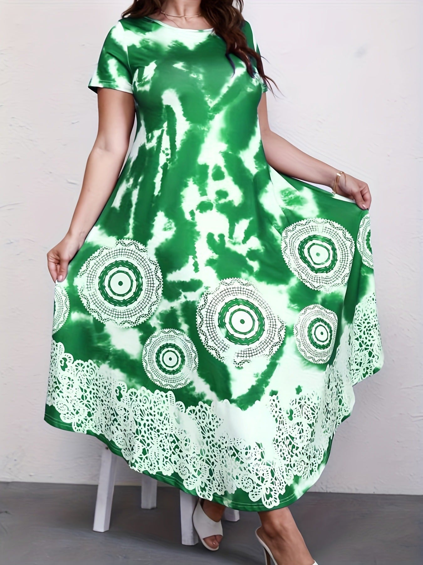 Women Boho Tie-Dye Lace Hem Maxi Dress | Malina