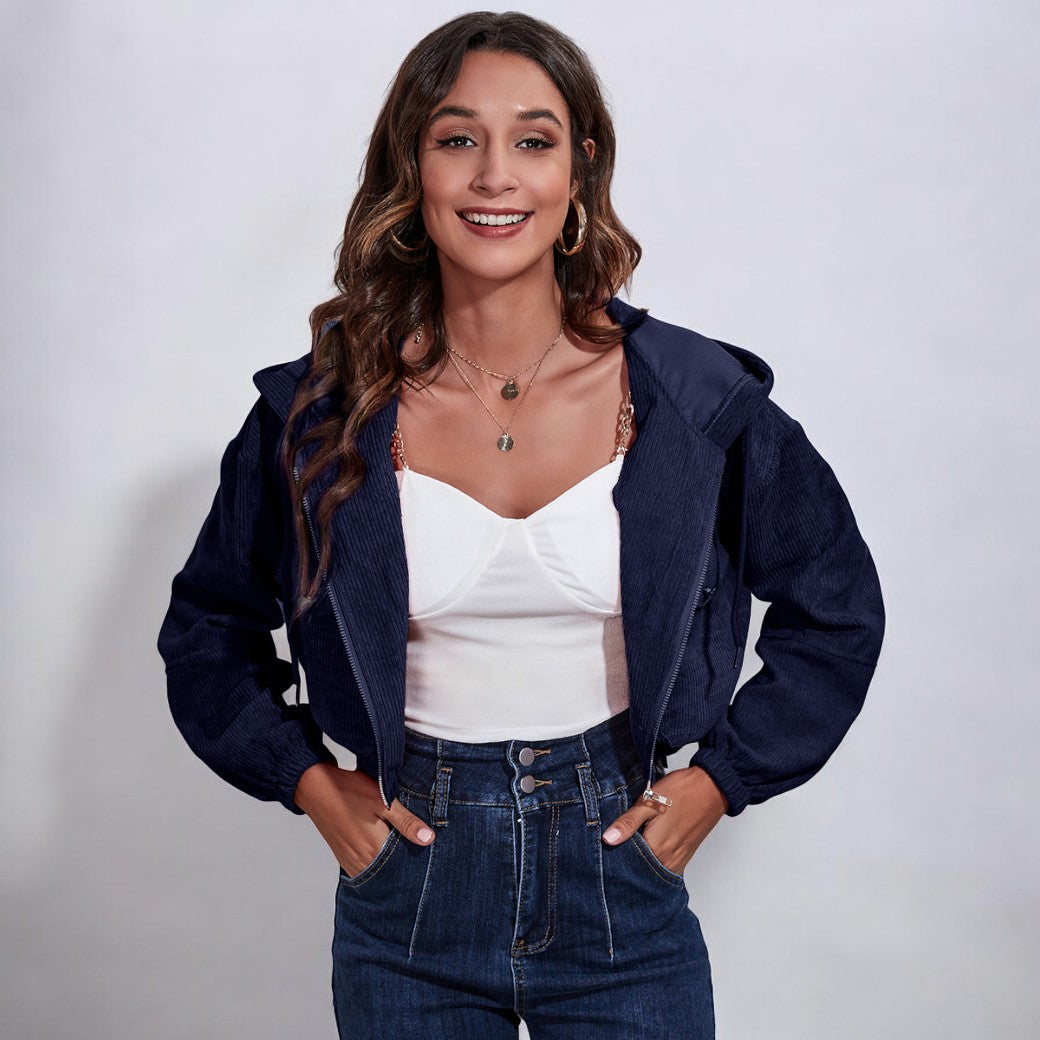 Women Corduroy Zip-Up Hooded Jacket | Asami