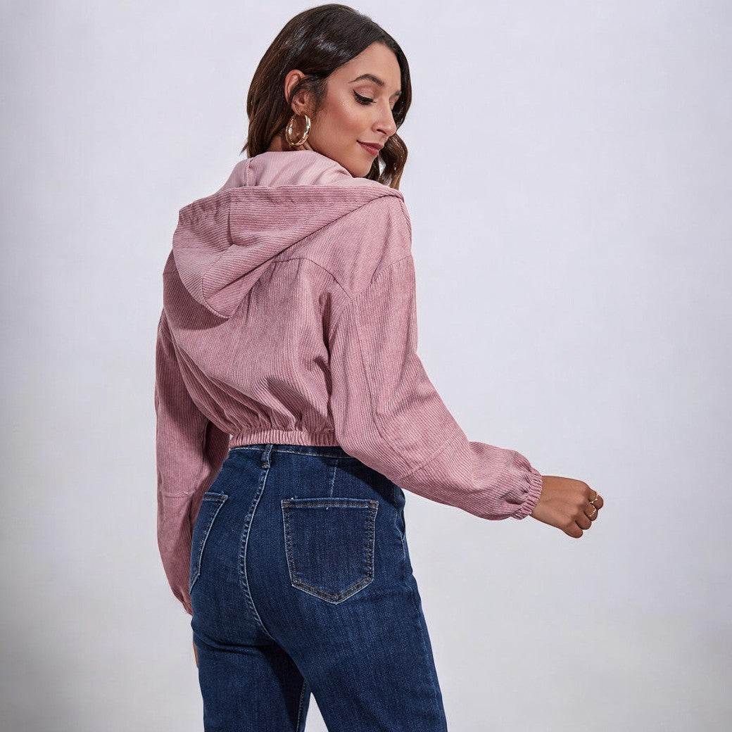 Women Corduroy Zip-Up Hooded Jacket | Asami