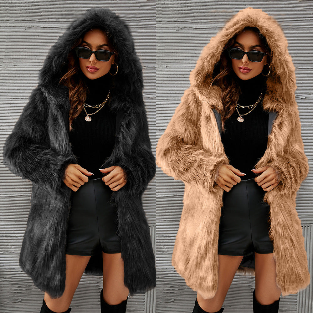 Women Hooded Jacket Black Faux Fur | Glamour-2