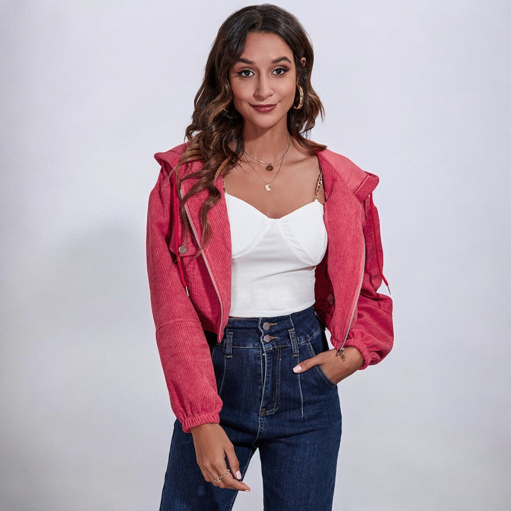 Women Corduroy Zip-Up Hooded Jacket | Asami