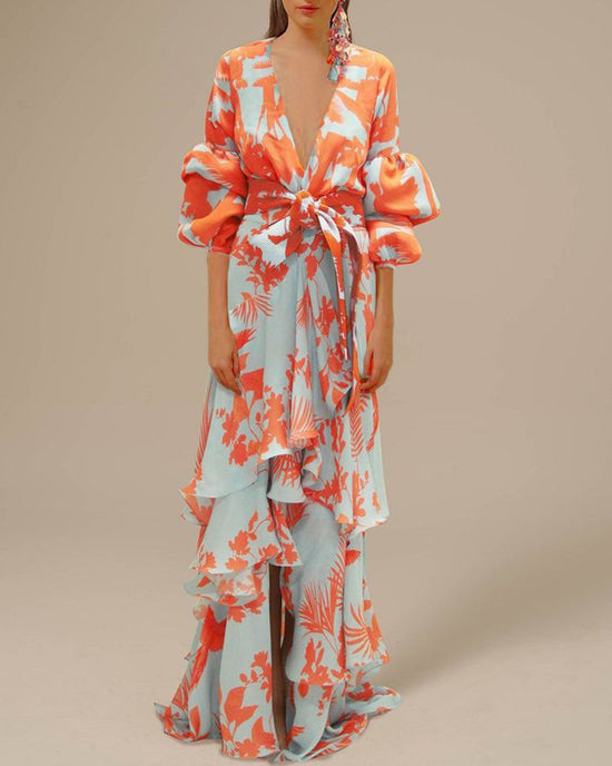 Women Floral Ruffle Maxi Dress with Puff Sleeves and Tie-Waist | Carol
