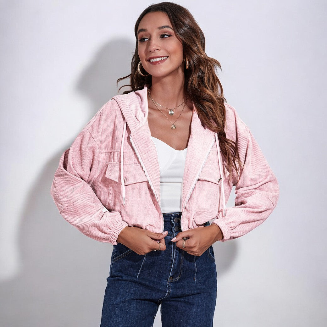 Women Corduroy Zip-Up Hooded Jacket | Asami