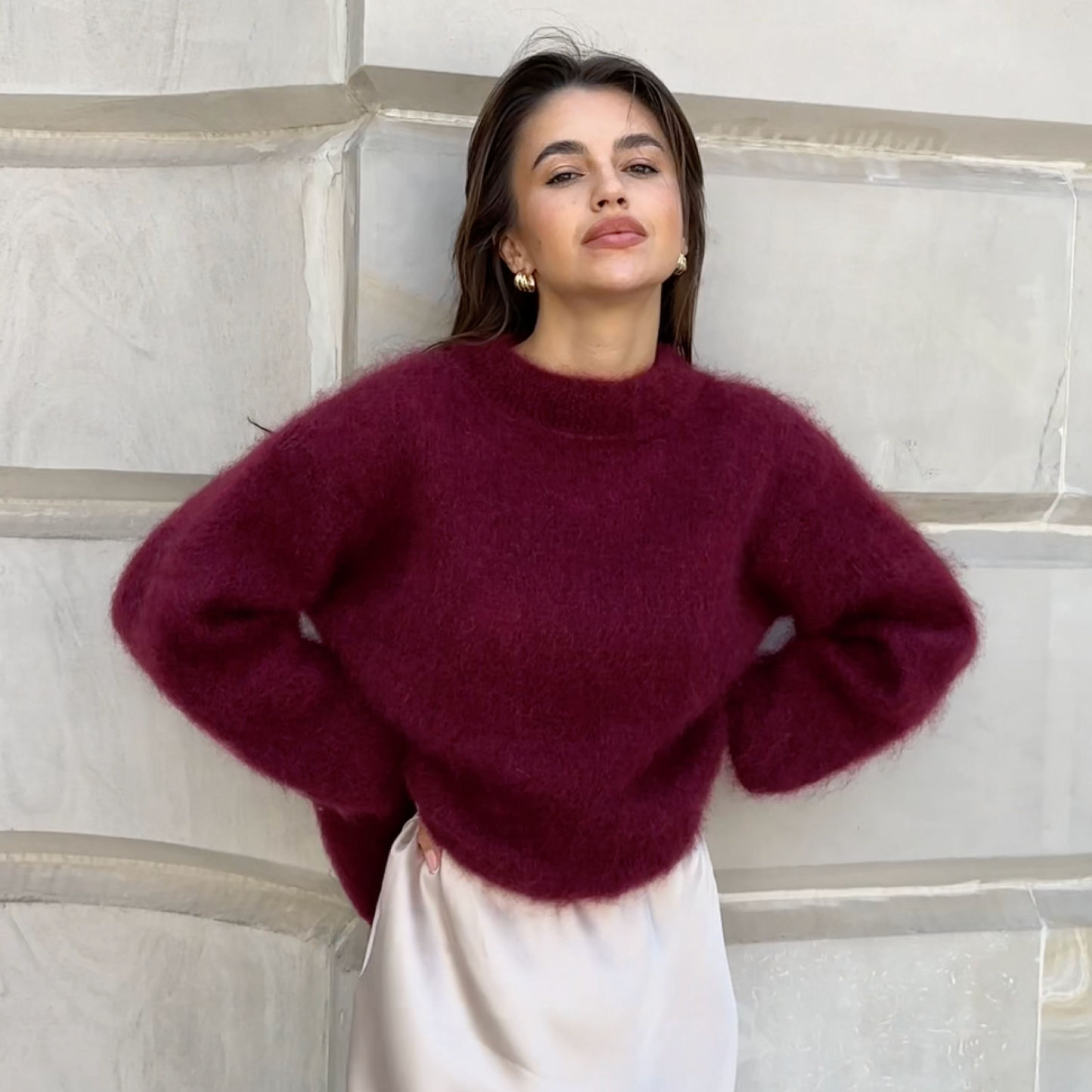 Women Fluffy Crew Neck Oversized Sweater | Azrina