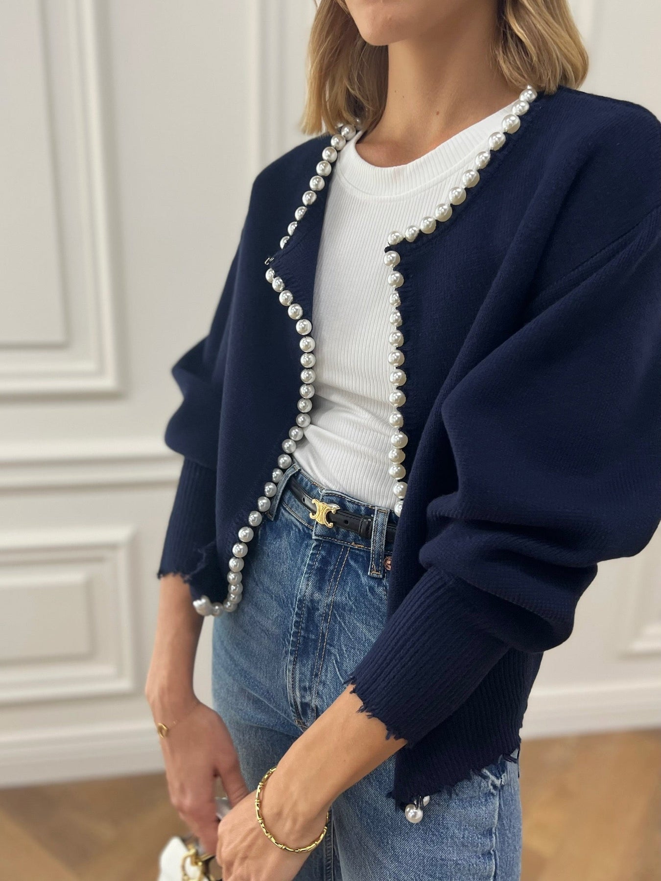 Women Pearl-Trimmed Oversized Knit Cardigan | Eleina