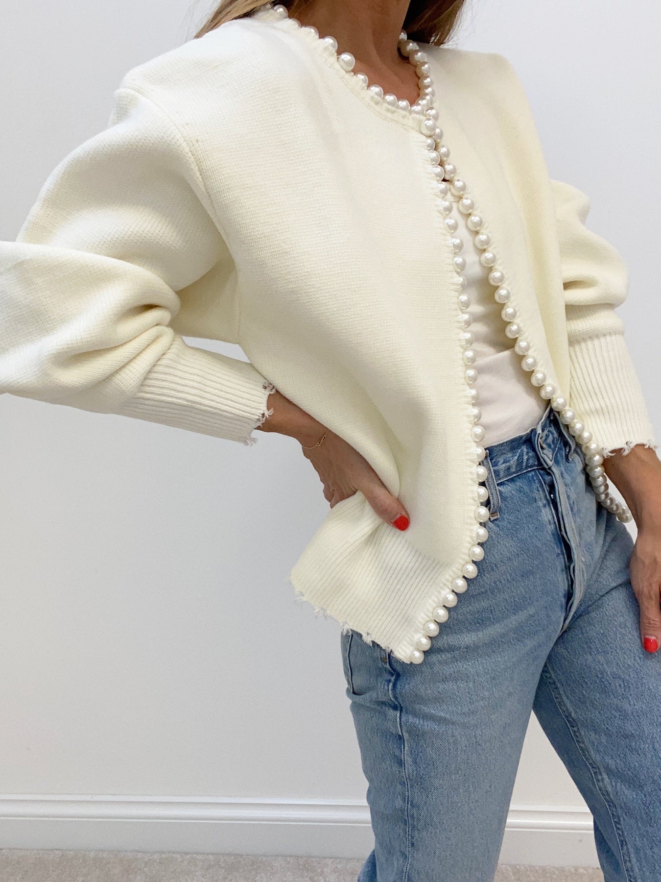 Women Pearl-Trimmed Oversized Knit Cardigan | Eleina