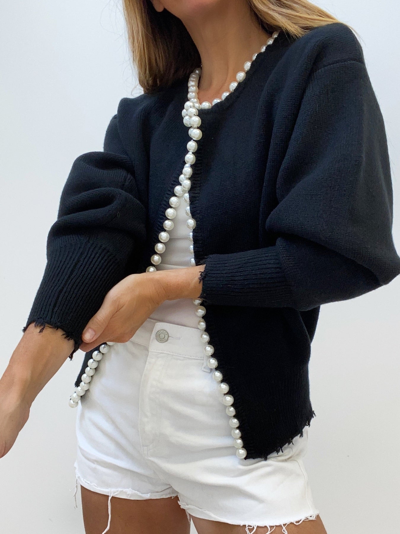 Women Pearl-Trimmed Oversized Knit Cardigan | Eleina