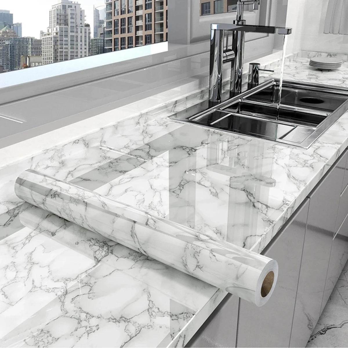 Removable Waterproof PVC Wallpaper - Glossy White Self-Adhesive Vinyl for Walls, Cabinets, and Furniture 6