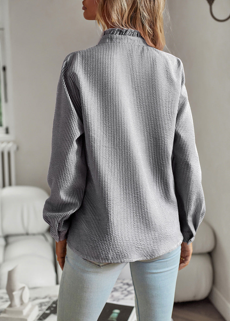 Women Ruffled Button-Up Waffle Knit Blouse | Eloise