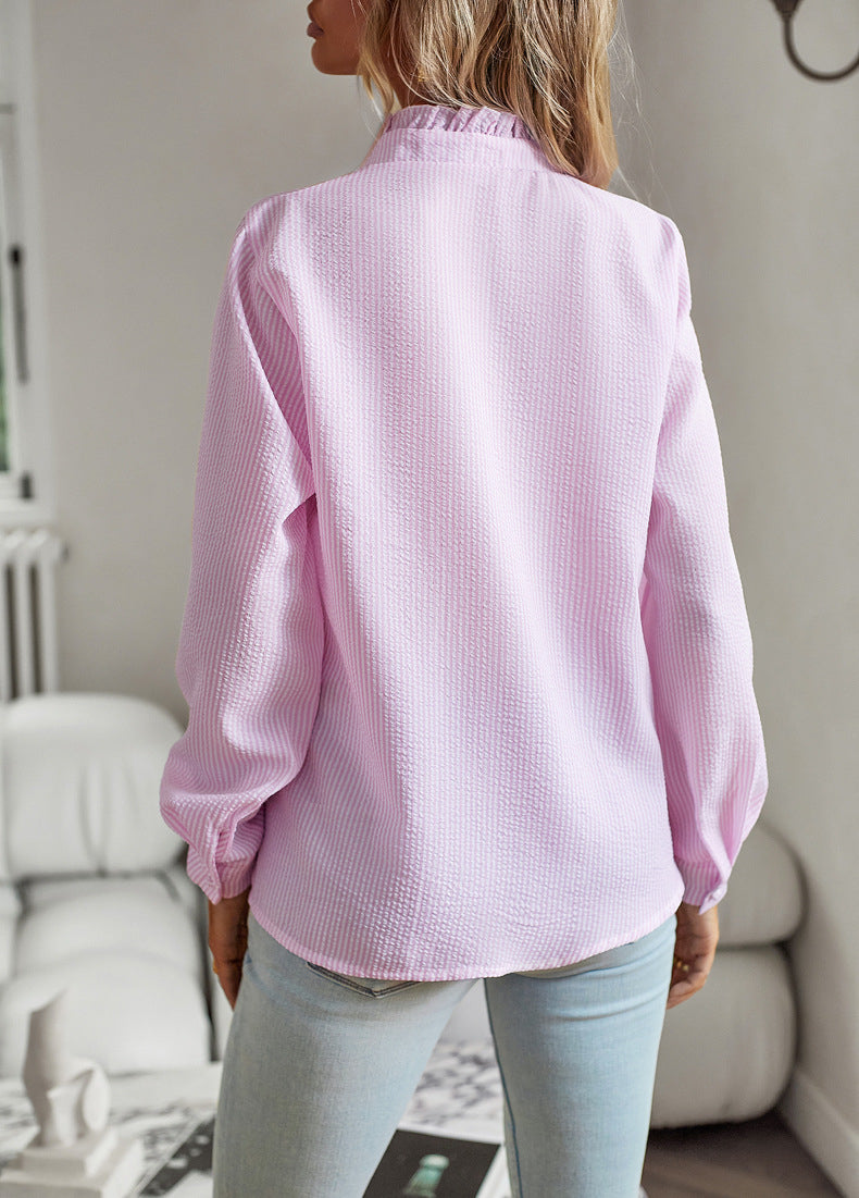 Women Ruffled Button-Up Waffle Knit Blouse | Eloise