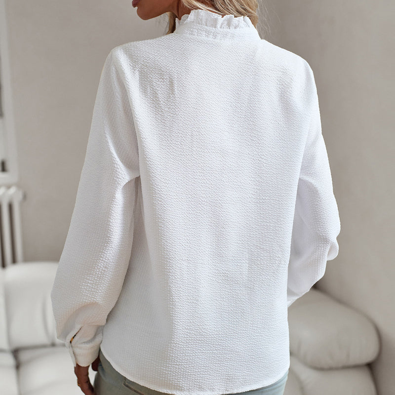 Women Ruffled Button-Up Waffle Knit Blouse | Eloise