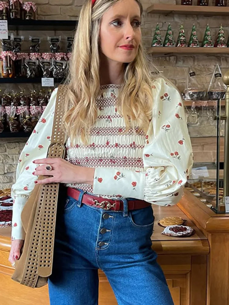 Women Vintage Smocked Floral Blouse | Elnora